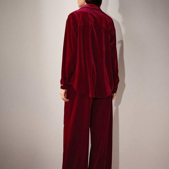 Burgundy Elegant Women's Velvet Button down top and Pant Suit set - Picture 7 of 7